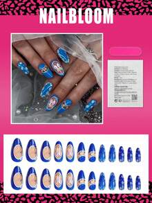 24pcs Medium Almond Press On Nails, Easter Cute Bunny Ears Yellow Flowers Blue Medium Nails Full Cover Glossy False Nails Set, Include: 1pc Jelly Glue And 1pc Nail File, Easy To Wear Daily Fake Nails Press On Art For Women And Girls Daily Life - Multicolor - View 2