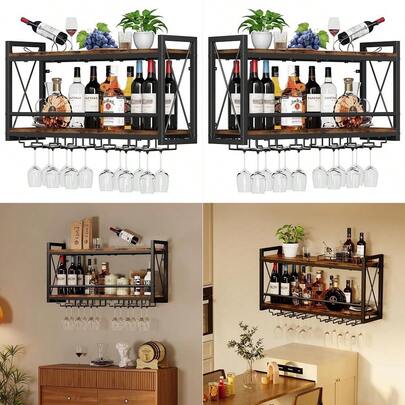 Wall Mounted Wine Rack, Bottle Amp Glass Holder WoodMetal Retro Wine Rack, Wine Bottles Display Wall Storage For Kitchen Dining Room Home Bar
