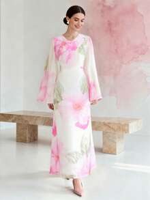 1 pieza Vestido de manga campana con cuello en V y estampado floral, vestido largo de manga larga para mujer para vacaciones, bodas, vacaciones, uso diario, fiestas de cumpleaños, primavera/verano - Blanco - Ver 1