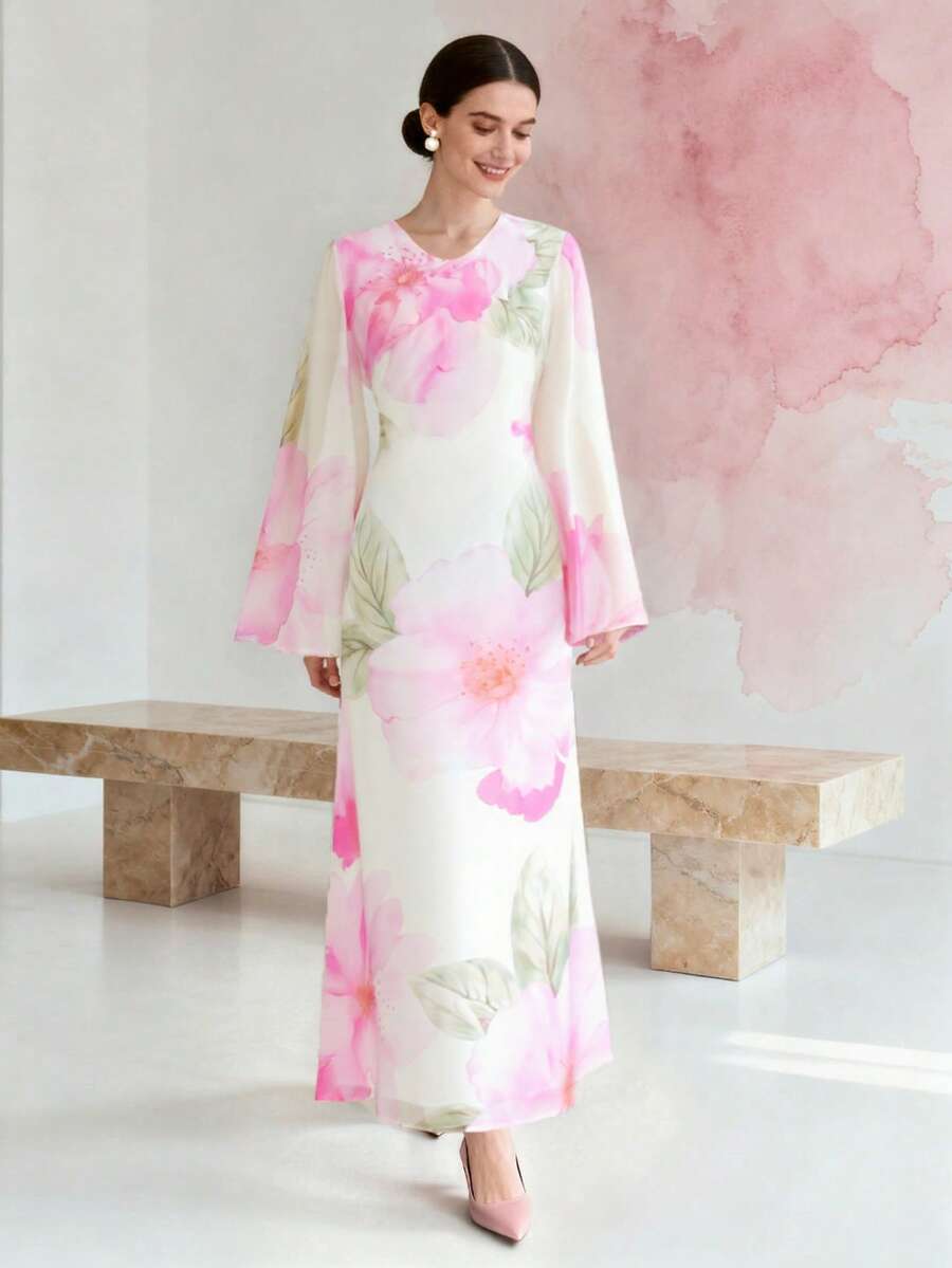 1 pieza Vestido de manga campana con cuello en V y estampado floral, vestido largo de manga larga para mujer para vacaciones, bodas, vacaciones, uso diario, fiestas de cumpleaños, primavera/verano - Blanco - Ver 1