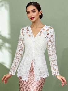 女士 Caba - 优雅刺绣前开襟镂空长袖开衫，适合春夏穿着 - 白色开衫上衣，开斋节服装，开斋节 - 白色 - 查看 4