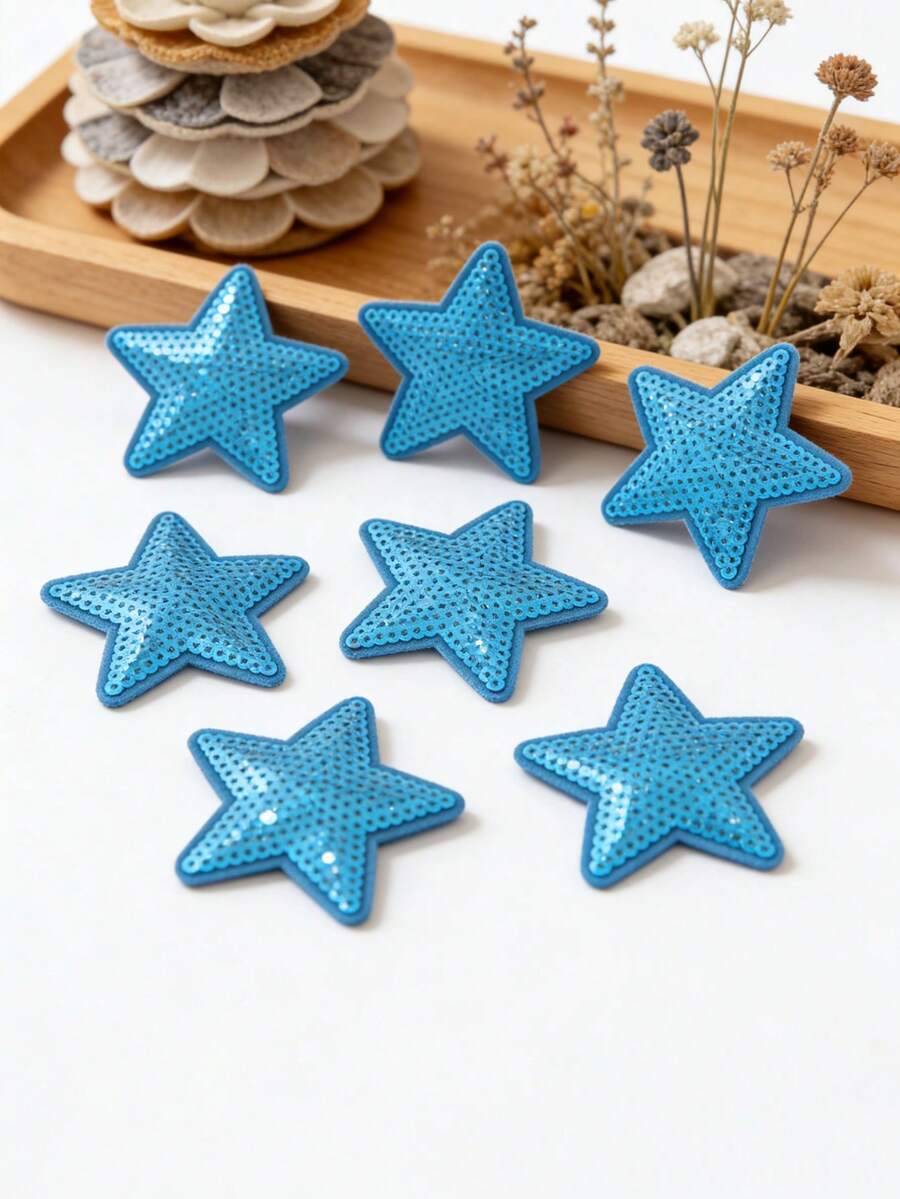 6pcs Sky Blue Shiny Star Pattern Iron-On Patches, Cartoon Style Embroidered Sew-On Applique Patches, DIY Craft, Suitable For Clothes, Shoes, Hats, Bags, Etc.