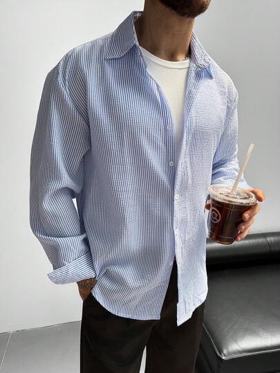 GloMan メンズ バケーション ロングスリーブシャツ、レトロスタイル リネンブレンド 生地 ストライプ ボタンダウンシャツ、ユニセックス ルーズフィット 青白ストライプ カジュアルシャツ、オールシーズン カップルコーデに最適、ビーチ、音楽フェス、デート、バレンタイン、父の日、記念日のギフトにも