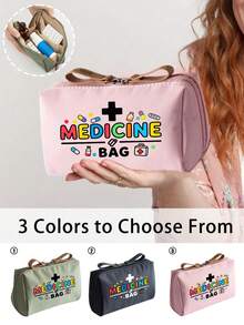1pc Portable Pill Case, Compact Pill Organizer And First Aid Kit, Colorful "Medication" Themed Makeup Bag, Suitable For Storing Medicines For Travel, Health-Conscious And On-The-Go Users, Essential Medical Accessory, Multi-Functional Fabric Small Medicine Bag - Multicolor - View 1