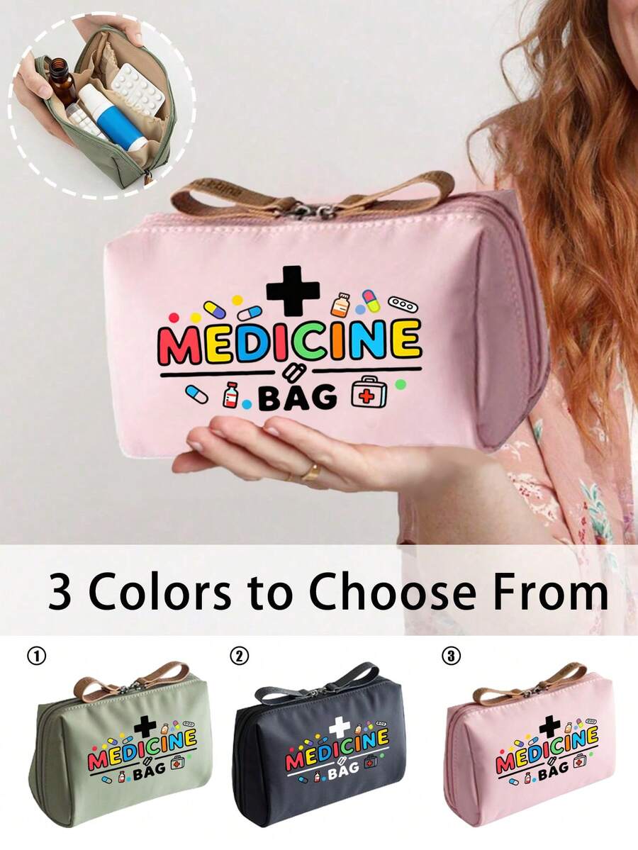 1pc Portable Pill Case, Compact Pill Organizer And First Aid Kit, Colorful "Medication" Themed Makeup Bag, Suitable For Storing Medicines For Travel, Health-Conscious And On-The-Go Users, Essential Medical Accessory, Multi-Functional Fabric Small Medicine Bag - Multicolor - View 1