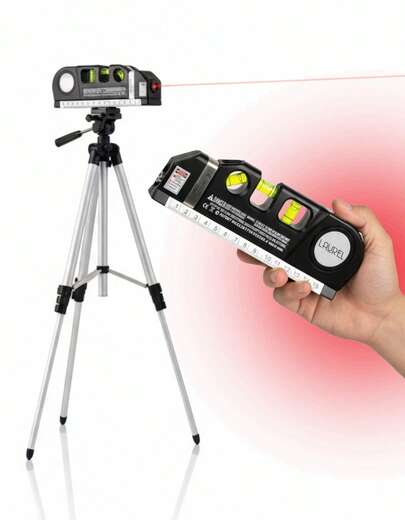 Kit Nível Laser Profissional Nivelador De Mão Esquadro Rotativo Portátil 3 Direções Com Nível De Bolha Alcance De 10 Metros Bateria Tripé Telescópico Universal Com Cabeça 360º E 3 Seções Ajustáveis