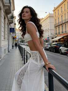 Women 2 Piece Cover Up Set Tie-Up Cami Tops And Patchwork Lace Low Rise Long Skirt For Beach Party - White - View 4