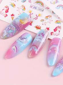 12款独角兽和马美甲贴纸，闪光水转印贴纸，彩虹爱心、月亮、星星、蛋糕、气球等彩色卡通图案，美甲装饰，DIY美甲贴纸，女士美甲配件 - 彩色 - 查看 9