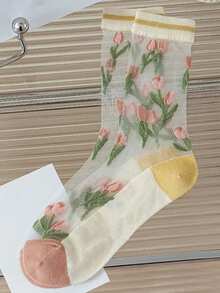 1/3 đôi tất nữ mỏng nhẹ đến giữa bắp chân, thấm hút mồ hôi, thoáng khí, họa tiết hoa tulip 3D kiểu rừng, tất dài đến đầu gối, họa tiết hoa nghệ thuật kiểu Trung Quốc, tất voan pha lê trong suốt, thích hợp cho mùa xuân/hè. - Nhiều màu - Xem 10