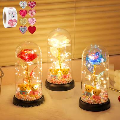 1 pieza/1 set Lámpara de flor eterna de vidrio, rosa artificial de plástico rojo, luz nocturna LED, regalo creativo del Día de San Valentín, rosa en cubierta de vidrio, adorno, pegatinas decorativas, decoración del Día de San Valentín, Día de la Madre, regalo