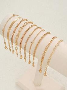 Juego de pulseras apilables de moda, elegantes, exquisitas y vintage, con perlas, gemas falsas, formas geométricas, cordón encerado, cadena de serpiente, cadena trenzada, cadena de caja y eslabones de cadena lisa, en estilo minimalista, adecuado para vacaciones, fiestas, citas, regalos y uso diario - Multicolor - Ver 3