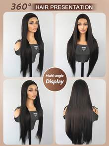 13x4 高温丝合成蕾丝前假发，深棕色，直发，预先拔毛的发际线，无需胶水，耐热纤维假发，适合所有发质 - Dark Brown - 查看 9