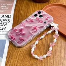 1pc Pink Bow Print Funny Pattern Shockproof Phone Case With Rose Wrist Strap, Suitable For Self-Use, Couple/Valentine's Day, Spring Gifts, Compatible With IPhone 11/12/13/14/15/16/16 Pro/16 Pro Max