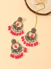 3pcs/Set Glamorous Bollywood Luxury Style Maang Tikka Jewelry Set,Including Earrings&Hair Chain,Rhinestone Decorated Bridal Jewelry Accessories Suitable For Women's Wedding Wear,Ramadan,Daily Or Festival Gift - Pendant Type - View 6