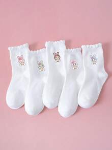 5/1 Pair Girls Casual Mid-Calf Socks, Cute Cartoon Rabbit Ear Decor, Comfortable Breathable Solid Color Socks With Lace Trim, Suitable For Party, Outdoor Activities, Casual Wear, Spring/Summer - White - View 6