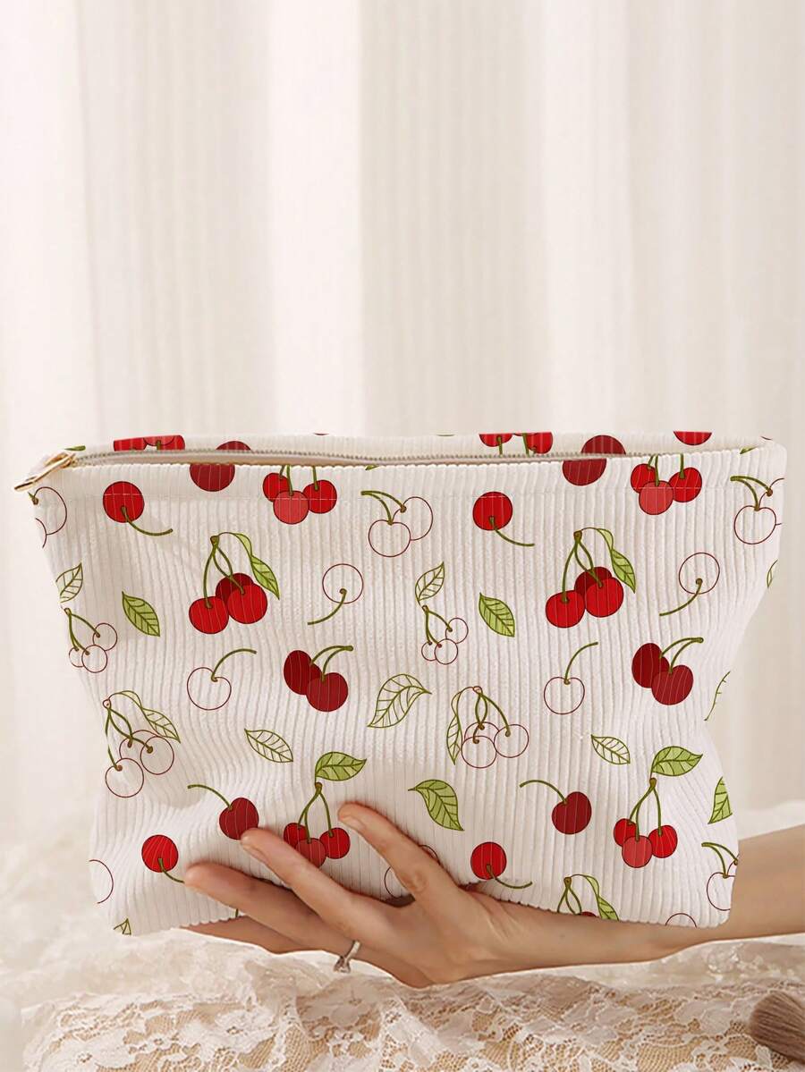 1pc Portable Cherry Pattern Double-Sided Print Zipper Cosmetic Bag, Multi-Functional Travel Toiletry Organizer