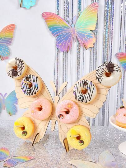 1 pieza Soporte de columna de rosquilla de mariposa de madera, estante de rosquillas para el hogar, decoración de postre DIY para fiesta de cumpleaños, soporte de colocación de rosquillas para fiesta, decoraciones de pastel, soporte de magdalenas, decoración de pastel, soporte de pastel, decoración para baby shower, decoración del hogar, decoración de habitación, bandeja de alimentos de madera, decoración de boda, suministros para fiestas de boda, decoración de soporte de postres