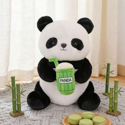 Panda Plush Toy, Panda With Milk Tea, Animal Theme Party Cute Soft Toy Teacher Student Award, Baby, Boy, Girl Animal Toy, Suitable For Nursery, Room Decoration, Birthday Gift Holiday Gift Perfect Choice