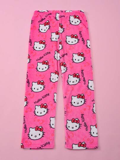  Sanrio Women's Hello Kitty Fleece Allover Print Warm Fluffy Pajama Pants, Versatile Sweet Fuchsia Loungewear Trousers With Cute Cartoon Print Soft Skin-Friendly Feel, Suitable For All Occasions, Essential Gift For Couples, Best Friends, Birthdays, Holidays, Fall Winter, Cozy