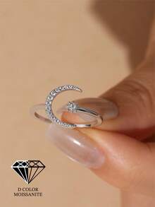 Adjustable Moissanite Star & Moon Design 925 Sterling Silver Ring, Elegant Women's Anniversary/Birthday/Valentine's Day Gift