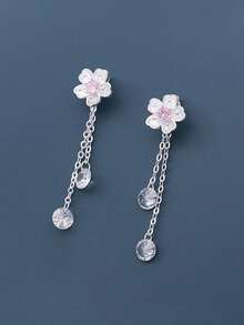 1 Đôi bông tai bạc S925 đính đá Zirconia hình hoa anh đào đơn giản, kiểu dáng thanh lịch, dài, có tua rua, thích hợp cho nữ, kiểu dáng trang sức đi làm hàng ngày. - hoa - Xem 2