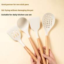 Silicone Kitchenware Set, Heat Resistant Non-Stick Pot Spatula, Soup Ladle, Cooking Spoon With Wooden Handle - White - View 2