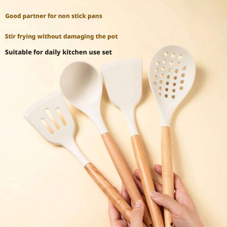 Silicone Kitchenware Set, Heat Resistant Non-Stick Pot Spatula, Soup Ladle, Cooking Spoon With Wooden Handle