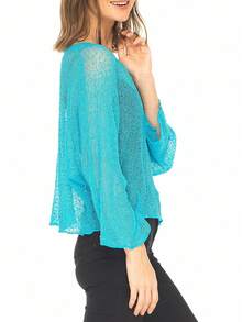 Womens Sheer Blouse Top Knit Lightweight Shrug Sweater Poncho Y2K Sheer See Through Knit Poncho Asymmetric Shrug Bolero Beach Cover Up Tops Pullover Crochet Shawls - 水鴨藍 - 查看 11