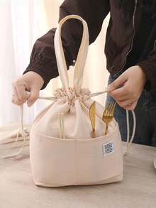 1pc Canvas Bento Bag, Simple Design, Student Office Worker, Hand-Held Drawstring, Aluminum Foil Insulated Bag, Lunch Box Bag - Multicolor - View 4