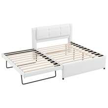 MERAX Full Size Upholstery Platform Bed With Trundle,Trundle Can Be Flat Or Erected - 米色 - 查看 10