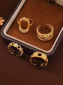 4件套不锈钢女士戒指套装，包含蜂窝和心形元素，适合日常、节日、约会、订婚、婚礼、外出、派对等场合搭配佩戴。 - 金色 - 查看 2