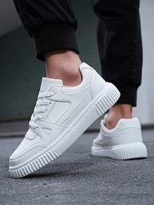 Men's White Leather Sneakers, Chunky Sole Casual Shoes - Minimalist Fashion Gift For Him - 白色 - 查看 2