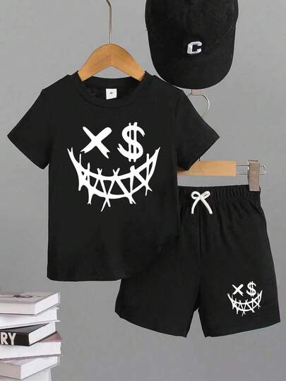 2pcs/Set Boys' Casual Multifunctional Minimalist Cartoon Print Short Sleeve T-Shirt And Shorts, Suitable For Outdoor, School, Vacation, Travel, Relaxation, Sunbathing And Other Summer Occasions