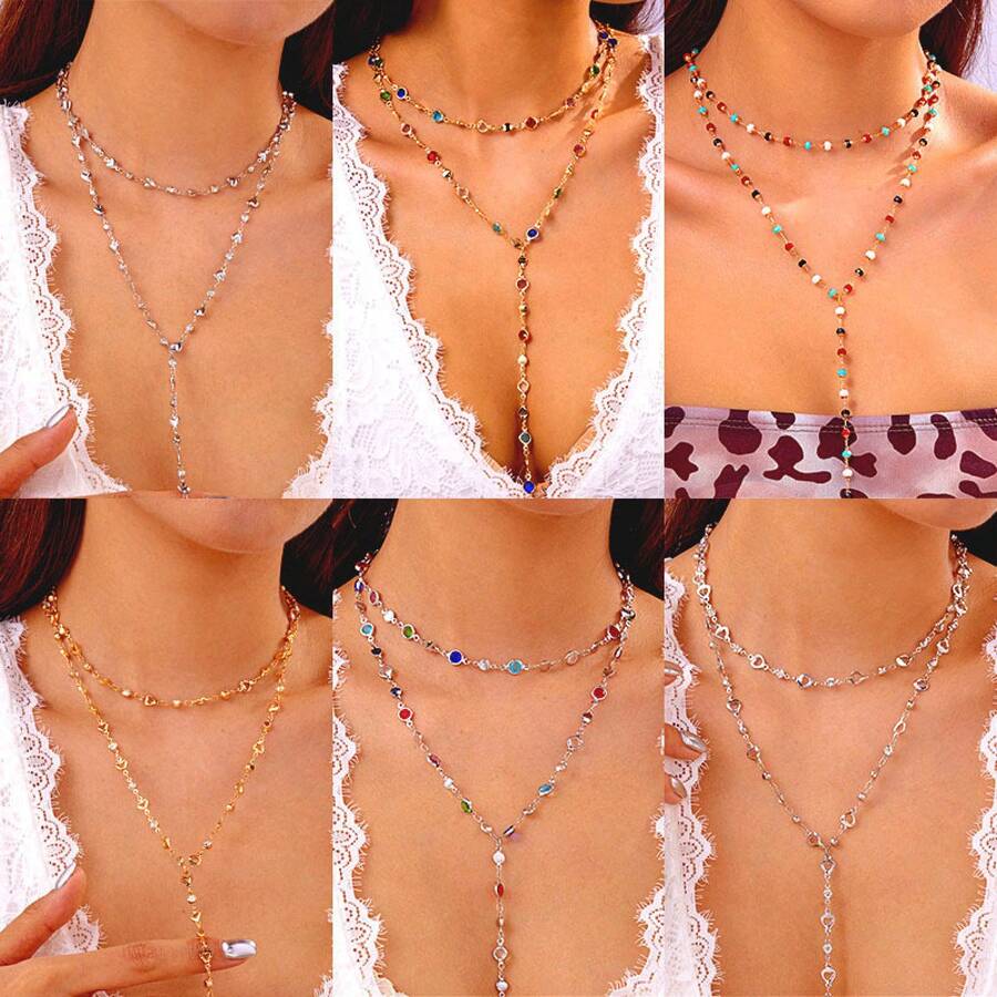 European And American Style Necklace For Women, High-End Fashion Double-Layer Colorful Crystal Metal Collarbone Chain  Long Chain Tassel Necklace INTE - #7-圓彩金色 - 查看 1