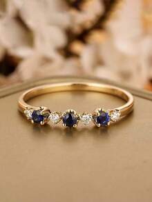 1枚优雅立方氧化锆蓝色水钻戒指，高端珠宝，适合女士参加派对和宴会，采用不褪色、不致敏的铜材质制成，是节日送礼的理想之选。 - 金色 - 查看 9