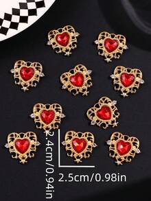 10pcs DIY Handmade Flower Plate Rhinestone Button Materials, Hollow Lace Inlaid Heart Crystal Alloy Accessories - Red - View 6