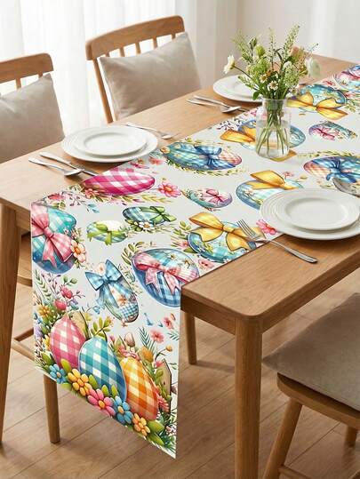 1pc Easter Table Runner With Colorful Decorated Easter Eggs & Bow Tie/Floral Pattern, Fresh Watercolor Style Polyester Long Rectangular Table Decor – With Plaid Textured Egg Details, Bright Bow Embellishments, Easter Table Decor Room Decoration Festive Atmosphere Setup Table Runner For Easter Celebrations, Family Gatherings & Home Indoor Party Decor