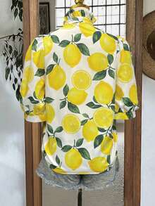 女士清新度假风柠檬印花V领荷叶边宽松喇叭袖衬衫，春夏款 - 黃色 - 查看 5