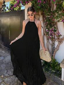 2026春夏新款优雅休闲百搭露背吊带米色连衣裙，适合约会、日常穿着、派对、度假、海滩、婚礼等场合，黑色款。 - 黑色 - 查看 5