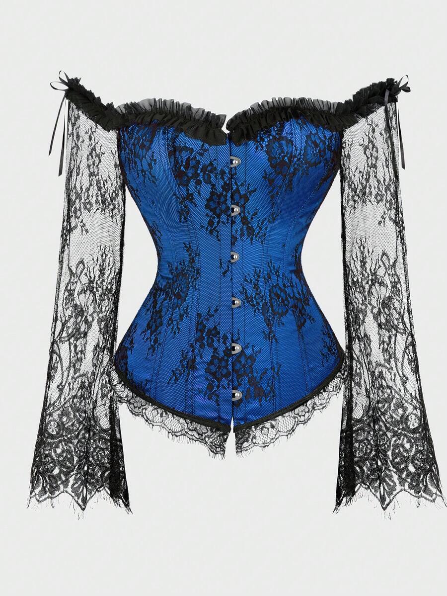Plus Size Corset Tops For Women With Lace Sleeves, Bustier Overbust Lace Up Bodice Lingerie, Tummy Control Women's Lingerie & Shapewear - 藍色 - 查看 1