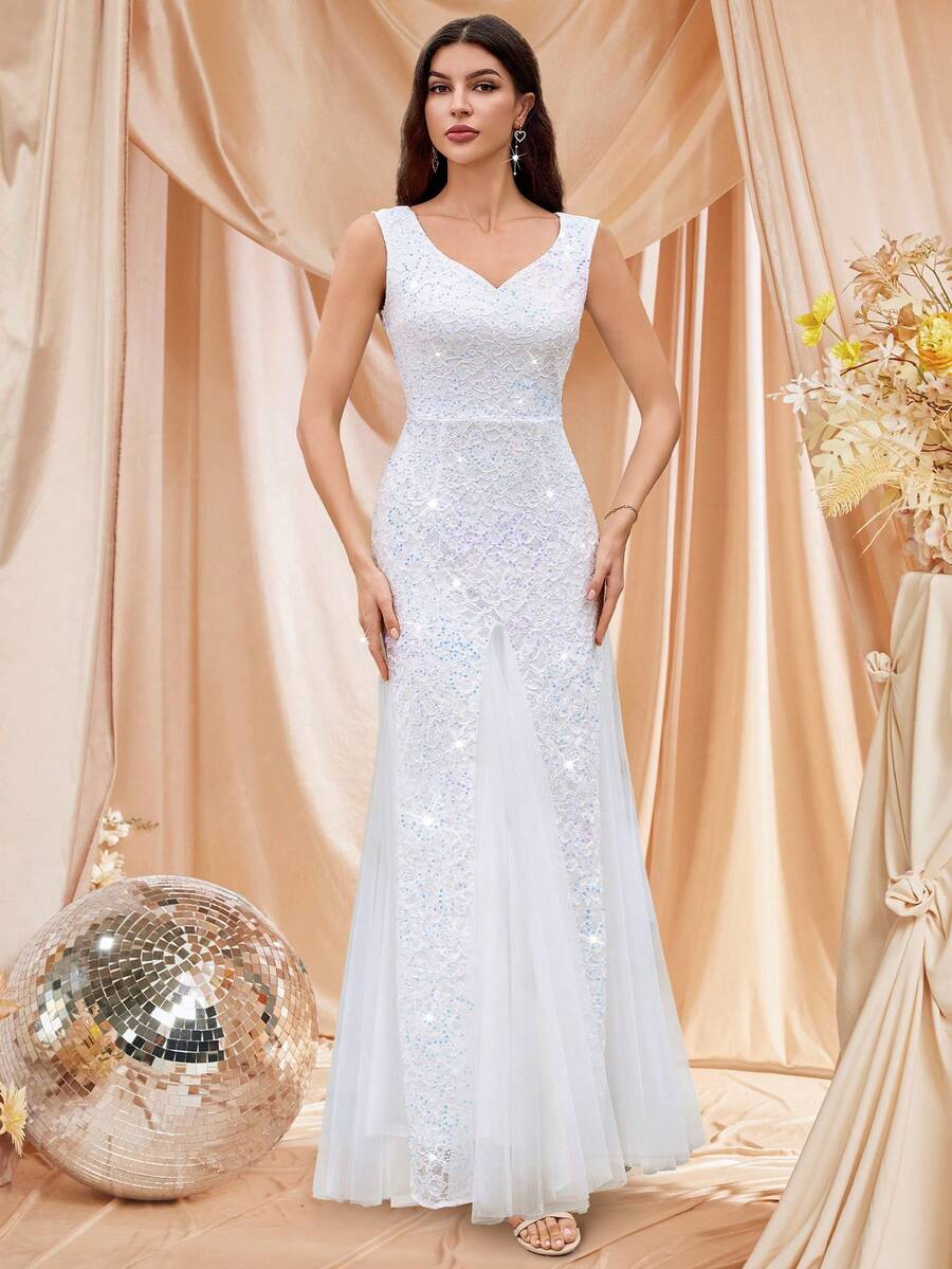 MIUSOL Đầm maxi dạ hội cổ tim, phối màu tương phản, đính sequin và ren lưới, dáng đuôi cá, thích hợp cho đám cưới, màu trắng, mùa xuân.