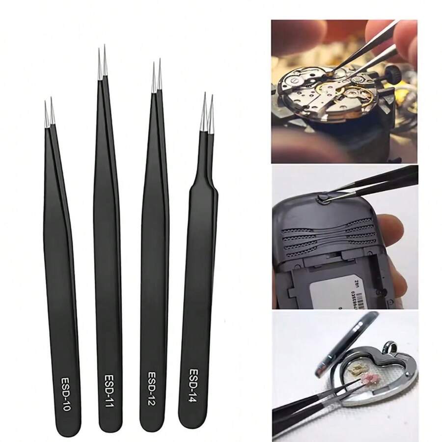 6pcs Stainless Steel Tweezers Set, ESD Stainless Steel Tweezers Set - Flexible Precision Tools For Industrial Repair, Home DIY And Model Building - Curved Design, Electronics Repair, Soldering And Manicure Tools, Anti-Static Safety And Ergonomic Handle - Black - View 1
