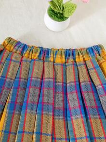 2pcs Girls Floral Print Vest Top And Plaid Elastic Waist Pleated Skirt Set, Showcasing Sweet And Collegiate Style, Suitable For Spring/Summer Outdoor Activities - Yellow - View 8