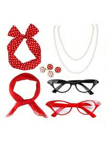 This 5-Piece Set, Suitable For Women In Their 20s, 40s, 50s, And 70s, Includes A 1950s Retro Solid Color Scarf, Cat-Eye Glasses, A Polka Dot Headband, And Gloves. It's Perfect For 1950s-Themed Solid Color Parties, Halloween Cosplay, Costume Parties, Everyday Wear, Themed Parties, And Valentine's Day Women's Party Accessories.