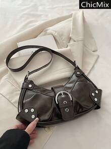 Bolso de mano plegado con hebilla de hardware de unicolor personalizado y versátil, elegante y popular bolso de hombro en forma de media luna con remaches, adecuado para compras, carteras, compras, mujeres jóvenes, estudiantes universitarios, recién llegados y trabajadores de cuello blanco. Son muy adecuados para oficinas, universidades, trabajo, negocios, viajes al trabajo, actividades al aire libre, viajes y salidas - Marrón - Ver 2