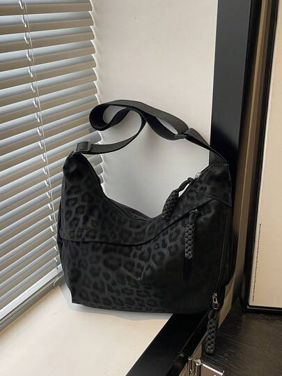 Fashionable Leopard Print Matte Shoulder Bag, Casual Minimalist College Style, Wide Strap Crossbody Bag With Multiple Zippers, Suitable For Students, Shopping, Daily Use