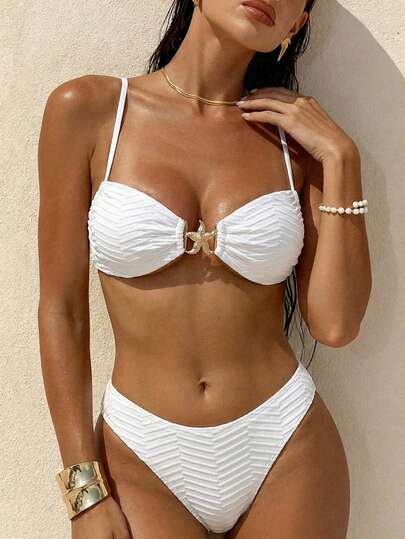Spring/Summer Women's Elegant Sexy Swimsuit - Solid Color Striped Fabric Swimwear With Decorative Spaghetti Straps, Underwire Bra Top And Triangle Bottom Bikini Set For Beach Vacation
