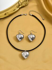1 Set Minimalist Heart Shaped Earrings & Necklace Jewelry Set, Suitable For Women's Daily Wear