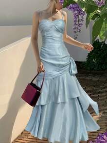 Shiny Ruched Ruffled Hem Party Dress, Elegant Iridescent Spaghetti Strap Concert Outfit, Fashionable Wedding Bridesmaid Formal Birthday Back To School Dress, Summer Autumn - Baby Blue - View 3