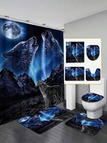 1/4pcs Wolf Pattern Shower Curtain Set, Waterproof Shower Curtain With 12 Hooks, Non-Slip Bath Rug, Toilet U-Shape Mat, Toilet Lid Cover Pad, Bathroom Partition, Bathroom Accessories - Multicolor - View 7